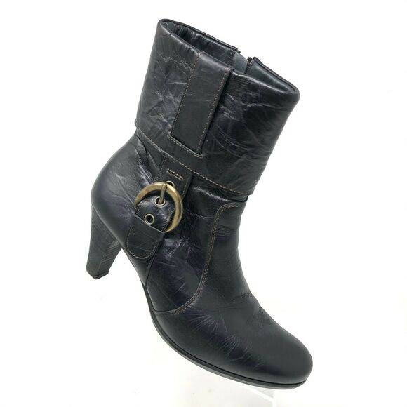 Paul Green Shoes - Paul Green Harness Boot Womens 6.5 Dark Brown Leather Buckle Strap Cuff Heel